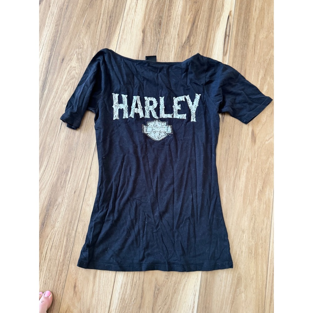 Harley Davidson Womens Black Lace Rhinestone Graphic Boat Neck Slim T-Shirt